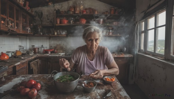 solo,looking at viewer,short hair,shirt,1boy,holding,closed mouth,white hair,short sleeves,grey hair,male focus,food,day,indoors,window,fruit,facial hair,scar,table,bottle,knife,towel,steam,beard,scar on face,plate,smoke,bowl,realistic,spoon,apple,basket,old,egg,old man,cooking,holding spoon,ladle,kitchen,tomato,vegetable,sink,stove,soup,cutting board,smile,white shirt,upper body,artist name,signature,holding food,curtains,holding knife,carrot,wall,bread,counter,old woman,eggplant,lettuce,potato,wrinkled skin,onion,salad