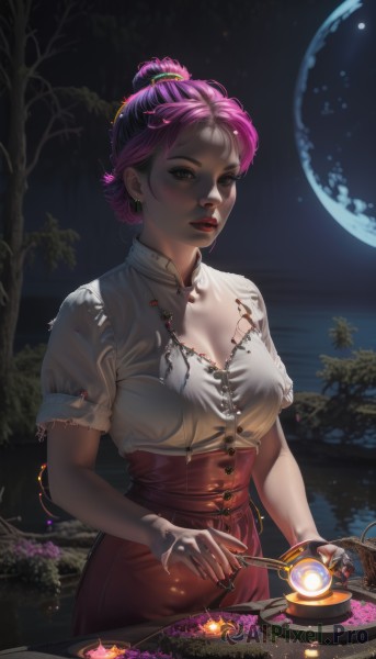 1girl,solo,breasts,looking at viewer,short hair,skirt,shirt,hair ornament,holding,cleavage,brown eyes,jewelry,medium breasts,white shirt,pink hair,purple hair,flower,short sleeves,earrings,outdoors,parted lips,sky,puffy sleeves,water,hair bun,nail polish,mole,tree,puffy short sleeves,lips,fingernails,eyelashes,makeup,night,red skirt,glowing,moon,single hair bun,ring,lipstick,gem,full moon,high-waist skirt,lantern,nose,red lips,dress,artist name,watermark,night sky,web address,corset,freckles,realistic