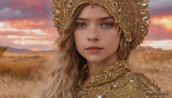 1girl,solo,long hair,looking at viewer,blue eyes,blonde hair,brown hair,jewelry,closed mouth,outdoors,sky,cloud,necklace,mole,blurry,lips,grey eyes,depth of field,blurry background,cloudy sky,crown,gem,portrait,freckles,mountain,realistic,nose,hat,brown eyes,earrings,eyelashes,close-up,sunset,gold