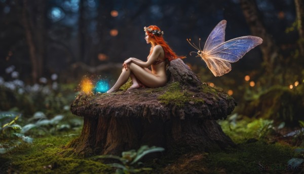 1girl,solo,long hair,breasts,hair ornament,navel,medium breasts,sitting,swimsuit,flower,bikini,red hair,outdoors,wings,barefoot,pointy ears,artist name,signature,hair flower,orange hair,blurry,from side,tree,night,depth of field,blurry background,bottomless,grass,bug,butterfly,nature,scenery,forest,knee up,fantasy,fairy wings,fairy,head wreath,moss,fireflies,tree stump,bare shoulders,very long hair,closed mouth,underwear,day,bra,lips,bare arms,bare legs,profile,glowing,looking away,looking up,plant,light particles,knees up,freckles,legs together,realistic,nose,looking afar,hand on own knee,wide shot,on ground,bokeh,log