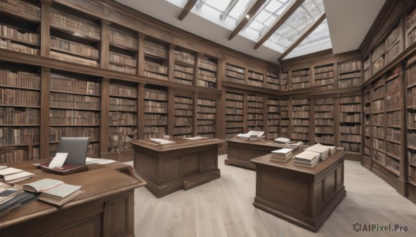 artist name,indoors,book,no humans,window,chair,table,scenery,desk,wooden floor,paper,bookshelf,pen,computer,shelf,book stack,library,ladder,open book