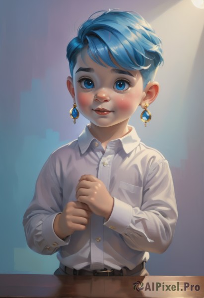 1girl,solo,looking at viewer,blush,short hair,bangs,blue eyes,shirt,long sleeves,jewelry,closed mouth,blue hair,white shirt,upper body,earrings,shiny,collared shirt,belt,pants,lips,dress shirt,makeup,buttons,table,own hands together,aged down,wing collar,child,androgynous,buckle,freckles,pocket,black belt,belt buckle,brown belt,smile,eyelashes,blue background,thick eyebrows,lipstick,glint,red lips,shirt tucked in