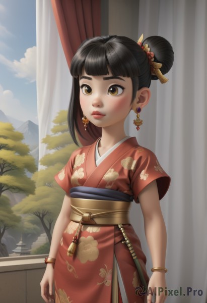 1girl,solo,blush,bangs,black hair,hair ornament,brown eyes,jewelry,closed mouth,standing,short sleeves,cowboy shot,earrings,japanese clothes,sky,day,cloud,indoors,blunt bangs,kimono,hair bun,bracelet,tree,blue sky,lips,sash,window,obi,floral print,single hair bun,curtains,child,freckles,mountain,female child,hair stick,red kimono,short hair,dress,outdoors,chinese clothes,thick eyebrows,china dress,nose,architecture,east asian architecture