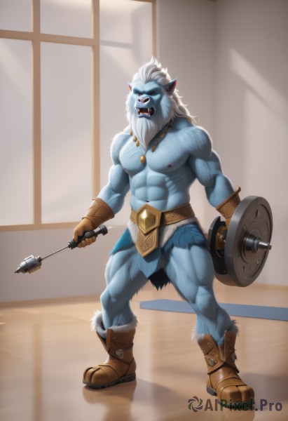 solo,long hair,open mouth,gloves,1boy,navel,holding,jewelry,nipples,standing,full body,weapon,white hair,male focus,thighs,boots,pointy ears,indoors,necklace,stomach,holding weapon,muscular,colored skin,facial hair,fangs,brown footwear,thick thighs,abs,thick eyebrows,pectorals,muscular male,bara,beard,large pectorals,bulge,topless male,shield,mature male,blue skin,furry male,bare pectorals,no pupils,hammer,loincloth,monster boy,holding shield,animal ears,teeth,artist name,window,furry,leather