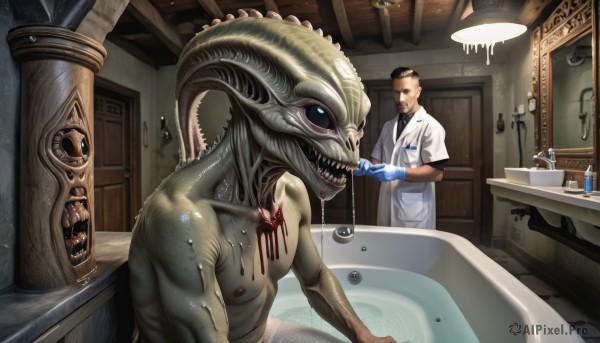 open mouth,black hair,gloves,1boy,male focus,multiple boys,teeth,indoors,2boys,water,blood,facial hair,sharp teeth,reflection,monster,mirror,door,labcoat,blue gloves,bath,bathroom,bathtub,alien,horror (theme),toothbrush,sink,faucet,doctor,brown hair,nipples,necktie,horns,colored skin,fangs,crossover,realistic,nurse,what,guro