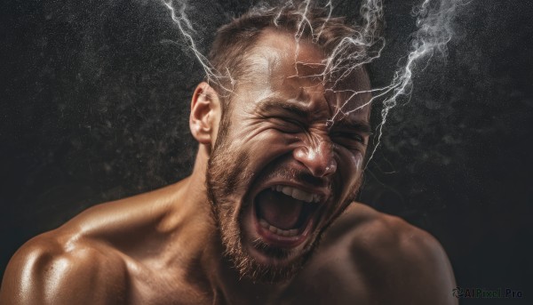 solo,open mouth,1boy,closed eyes,male focus,teeth,shiny,gradient background,facial hair,beard,realistic,mustache,electricity,bald,manly,old,old man,lightning,wrinkled skin,short hair,brown hair,upper body,nude,dark skin,muscular,scar,dark-skinned male,portrait,angry,very short hair,shouting,screaming