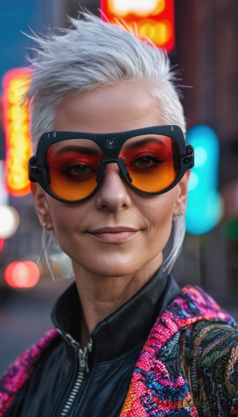 1girl,solo,looking at viewer,smile,short hair,brown eyes,jewelry,jacket,upper body,white hair,earrings,blurry,lips,makeup,depth of field,blurry background,piercing,sunglasses,goggles,ear piercing,portrait,zipper,realistic,nose,stud earrings,very short hair,tinted eyewear,cyberpunk,outdoors,artist name,eyelashes,night,unzipped,orange-tinted eyewear