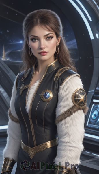 1girl,solo,long hair,breasts,looking at viewer,brown hair,gloves,dress,brown eyes,jewelry,earrings,belt,signature,black dress,lips,fur trim,makeup,lipstick,star (sky),eyeshadow,science fiction,hoop earrings,realistic,nose,red lips,space,vest,fur