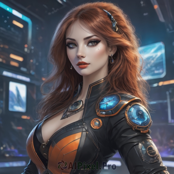 1girl,solo,long hair,breasts,looking at viewer,large breasts,brown hair,hair ornament,cleavage,brown eyes,jewelry,jacket,upper body,earrings,open clothes,artist name,necklace,mole,blurry,lips,black jacket,mole under eye,bodysuit,makeup,blurry background,lipstick,freckles,science fiction,realistic,red lips,cyberpunk,bangs,medium breasts,yellow eyes,parted lips,eyelashes,depth of field,wavy hair,gem