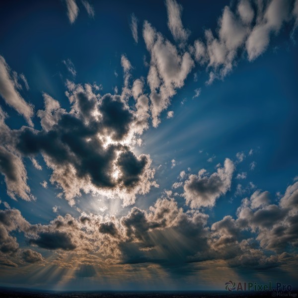 outdoors,sky,day,artist name,cloud,signature,water,twitter username,blue sky,no humans,ocean,sunlight,cloudy sky,scenery,sunset,blue theme,light rays,sun,horizon,cumulonimbus cloud,landscape