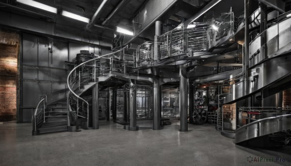 indoors,no humans,window,building,scenery,science fiction,stairs,city,railing,cityscape,cable,ceiling light,train station,door,industrial pipe