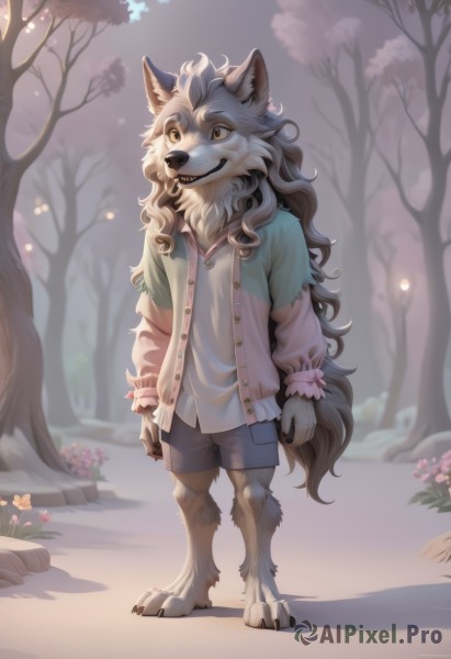 solo,long hair,smile,shirt,long sleeves,1boy,animal ears,brown eyes,standing,jacket,tail,full body,white shirt,flower,male focus,outdoors,open clothes,shorts,teeth,artist name,signature,tree,buttons,fangs,watermark,cardigan,claws,wolf tail,furry,furry male,male child,animal nose,snout,1girl,yellow eyes,hood,open jacket,short shorts,hoodie,wolf ears,blue shirt,messy hair,pink flower,blue shorts,pink shirt,arms at sides,body fur,wolf,grey fur