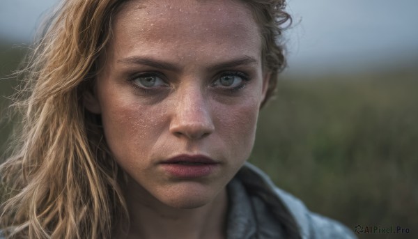 1girl,solo,long hair,looking at viewer,blonde hair,closed mouth,outdoors,parted lips,blurry,lips,grey eyes,depth of field,blurry background,portrait,freckles,realistic,nose,brown hair,sky,day,close-up,dirty