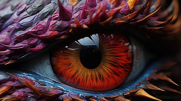 solo,looking at viewer,red eyes,1boy,male focus,teeth,blurry,no humans,close-up,1other,colored sclera,reflection,black sclera,one-eyed,crack,eye focus,yellow eyes,blood,slit pupils,veins,scales,extra eyes