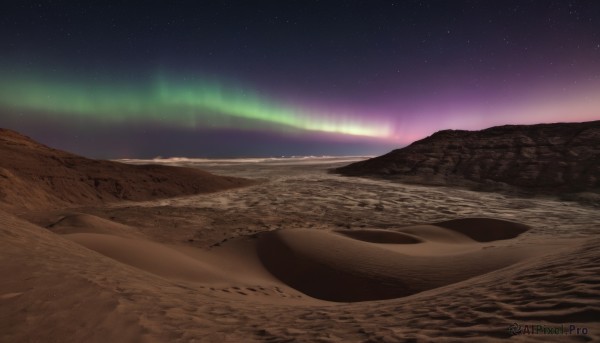 outdoors,sky,no humans,night,beach,star (sky),night sky,scenery,starry sky,mountain,sand,horizon,landscape,desert,blurry,sunset,rock,space,aurora