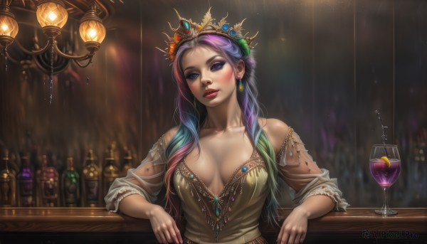 1girl,solo,long hair,breasts,looking at viewer,blue eyes,large breasts,hair ornament,dress,cleavage,bare shoulders,jewelry,blue hair,collarbone,upper body,pink hair,purple hair,multicolored hair,earrings,parted lips,indoors,signature,off shoulder,nail polish,blurry,two-tone hair,cup,lips,fingernails,head tilt,see-through,eyelashes,gradient hair,makeup,blurry background,table,bottle,tiara,crown,lipstick,gem,red nails,pink nails,alcohol,eyeshadow,drinking glass,realistic,nose,red lips,glass,candle,wine glass,wine,mascara,bar (place),blush,medium breasts,purple eyes,fruit,wine bottle