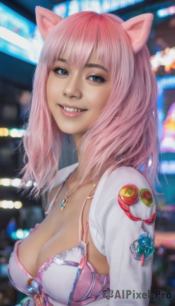 1girl,solo,long hair,breasts,looking at viewer,smile,bangs,blue eyes,large breasts,animal ears,cleavage,jewelry,medium breasts,underwear,jacket,upper body,pink hair,teeth,cat ears,medium hair,necklace,bra,grin,blurry,lips,makeup,depth of field,blurry background,fangs,pendant,realistic,pink bra,parted lips,open clothes