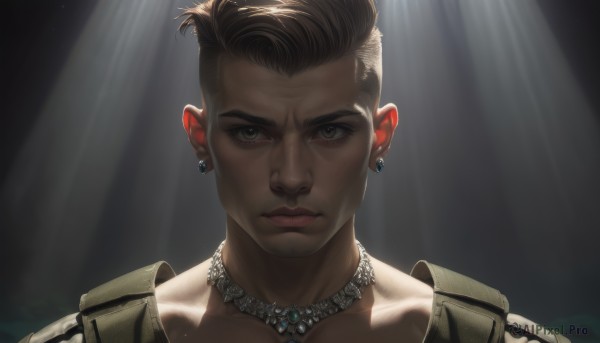 1girl,solo,looking at viewer,short hair,brown hair,1boy,brown eyes,jewelry,closed mouth,collarbone,jacket,male focus,earrings,dark skin,necklace,dark-skinned female,lips,grey eyes,piercing,sunlight,ear piercing,portrait,freckles,light rays,realistic,nose,very short hair,undercut,straight-on,black background,light