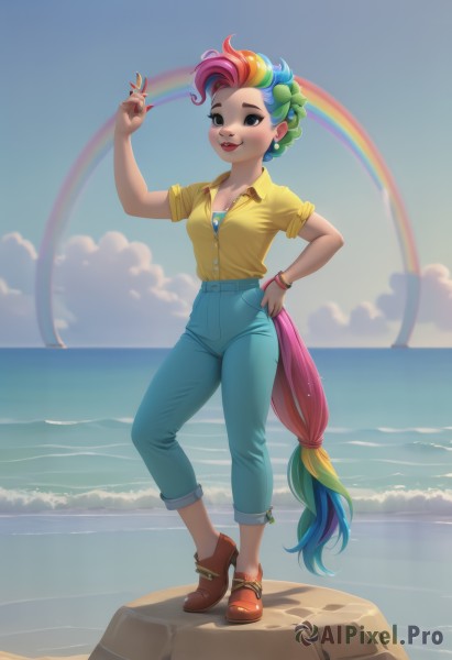 1girl,solo,long hair,breasts,looking at viewer,smile,shirt,hair ornament,bow,cleavage,jewelry,medium breasts,blue hair,standing,collarbone,tail,full body,pink hair,short sleeves,hair bow,multicolored hair,earrings,small breasts,outdoors,parted lips,sky,shoes,teeth,day,striped,collared shirt,pants,artist name,cloud,hand up,water,nail polish,bra,black eyes,bracelet,blue sky,hand on hip,makeup,ocean,beach,brown footwear,horse ears,denim,lipstick,horse girl,red footwear,red nails,web address,horse tail,personification,yellow shirt,jeans,rock,blue pants,rainbow,rainbow hair,short hair,blue eyes,very long hair,underwear,green hair,two-tone hair