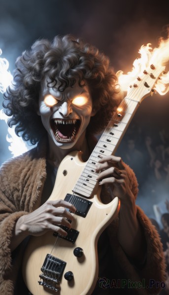 solo,open mouth,black hair,1boy,holding,upper body,male focus,teeth,coat,fur trim,glowing,colored skin,fire,sharp teeth,instrument,glowing eyes,curly hair,music,guitar,white eyes,grey skin,playing instrument,holding instrument,blank eyes,electric guitar,afro,undead,1girl,fangs,black nails,singing,no pupils,zombie