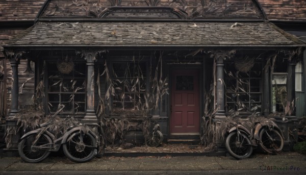 outdoors,tree,no humans,window,plant,ground vehicle,building,scenery,motor vehicle,stairs,door,road,ruins,bicycle,broken glass,wheel,tire,broken window,leaf,autumn leaves