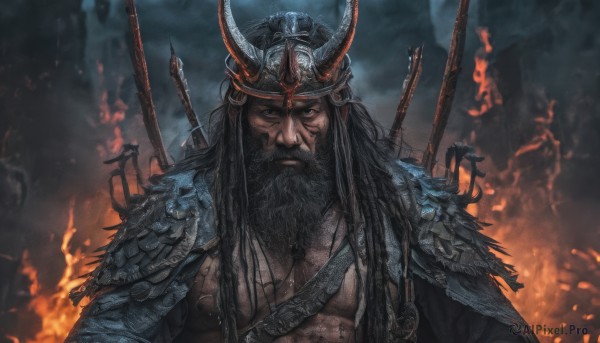 solo,long hair,looking at viewer,black hair,1boy,closed mouth,upper body,weapon,male focus,horns,sword,armor,muscular,facial hair,scar,helmet,fire,pectorals,muscular male,polearm,shoulder armor,beard,scar on face,pauldrons,mature male,mustache,scar across eye,arrow (projectile),japanese armor,fake horns,chest hair,embers,samurai,horned helmet,cape,black eyes,crown,manly,weapon on back