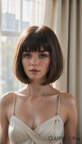 1girl,solo,breasts,looking at viewer,short hair,bangs,brown hair,dress,cleavage,bare shoulders,brown eyes,medium breasts,collarbone,upper body,small breasts,parted lips,teeth,sleeveless,indoors,white dress,blurry,lips,grey eyes,window,blurry background,bob cut,curtains,camisole,freckles,realistic,nose,spaghetti strap,blunt bangs,eyelashes,thick eyebrows,backlighting