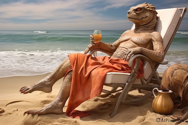 solo,red eyes,1boy,holding,sitting,tail,full body,outdoors,sky,teeth,day,cloud,water,cup,no humans,ocean,chair,beach,sharp teeth,holding cup,claws,alcohol,drinking glass,monster,realistic,sand,horizon,scales,alien,fine art parody,beach chair,blue sky,parody,reclining,shell,lounge chair,dinosaur,kaijuu