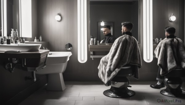 black hair,hat,sitting,standing,jacket,monochrome,greyscale,male focus,multiple boys,shoes,indoors,2boys,cup,window,facial hair,3boys,bottle,curtains,towel,reflection,4boys,mirror,light,lamp,bathroom,stool,sink,faucet,short hair,chair,beard,realistic