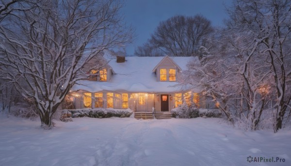 outdoors,sky,tree,no humans,window,night,building,nature,scenery,snow,forest,snowing,fence,door,road,house,winter,bare tree,pine tree,blue sky,plant,night sky,bush