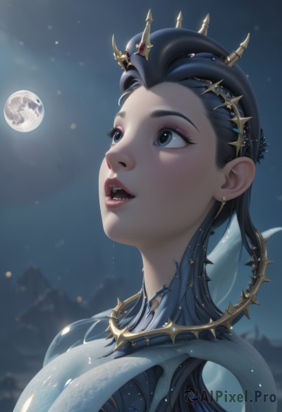 1girl,solo,long hair,breasts,smile,open mouth,blue eyes,black hair,hair ornament,jewelry,upper body,earrings,outdoors,parted lips,sky,teeth,artist name,blurry,black eyes,lips,eyelashes,makeup,night,upper teeth only,moon,crown,looking up,portrait,star (sky),night sky,full moon,eyeshadow,mountain,snake,tongue,tentacles,realistic,nose,moonlight