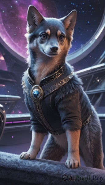 solo,smile,blue eyes,jewelry,closed mouth,sky,belt,no humans,night,animal,moon,brooch,gem,star (sky),night sky,starry sky,dog,space,animal focus,looking at viewer,brown eyes,necklace,watermark,realistic