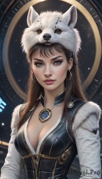 1girl,solo,long hair,breasts,looking at viewer,brown hair,long sleeves,hat,cleavage,brown eyes,jewelry,medium breasts,closed mouth,upper body,earrings,artist name,necklace,lips,grey eyes,fur trim,eyelashes,makeup,eyeshadow,hoop earrings,realistic,nose,clock,animal hat,fur,bangs,shirt,black hair,signature,blurry,vest,lipstick,gem,corset,pendant,pink lips,pelt