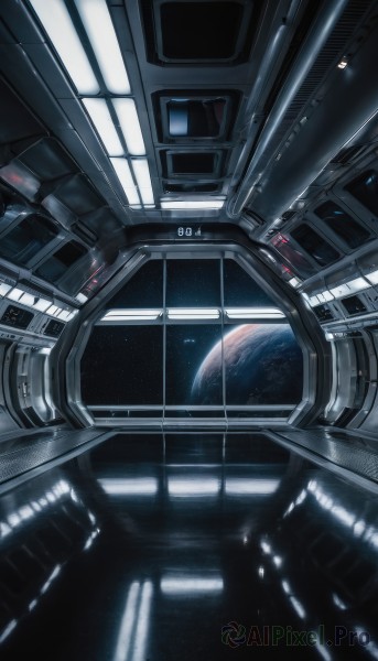 indoors,signature,no humans,window,star (sky),scenery,reflection,science fiction,realistic,space,planet,earth (planet),spacecraft,spacesuit,blurry,moon,cable