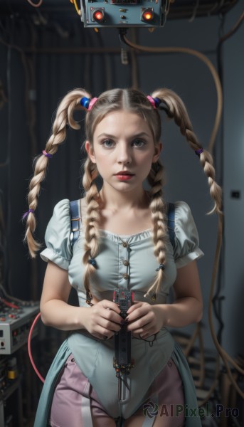 1girl,solo,long hair,breasts,looking at viewer,blue eyes,blonde hair,shirt,hair ornament,holding,twintails,medium breasts,standing,braid,short sleeves,cowboy shot,parted lips,puffy sleeves,blurry,twin braids,puffy short sleeves,lips,grey eyes,blurry background,thigh gap,suspenders,lipstick,science fiction,realistic,hair tie,red lips,cable,wire,brown hair,brown eyes,makeup,parody,forehead,cyberpunk