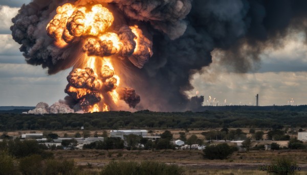 outdoors,sky,day,cloud,water,no humans,ocean,cloudy sky,grass,fire,ground vehicle,building,scenery,smoke,road,explosion,burning,destruction,blue sky,military,motor vehicle,military vehicle,battle,tank