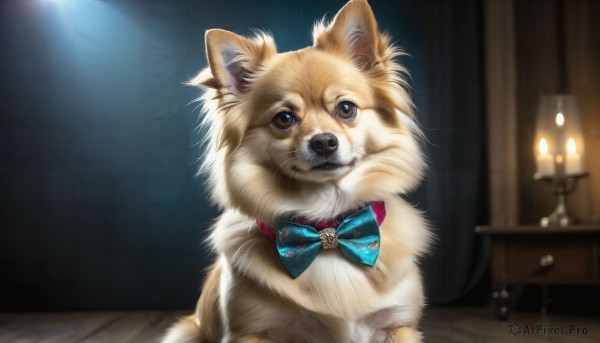 HQ,solo,looking at viewer,bow,brown eyes,sitting,indoors,bowtie,no humans,animal,blue bow,cat,curtains,dog,wooden floor,realistic,blue bowtie,candle,animal focus,jewelry,closed mouth,striped,blurry,fire,brooch,gem,striped bow,white fur,striped bowtie