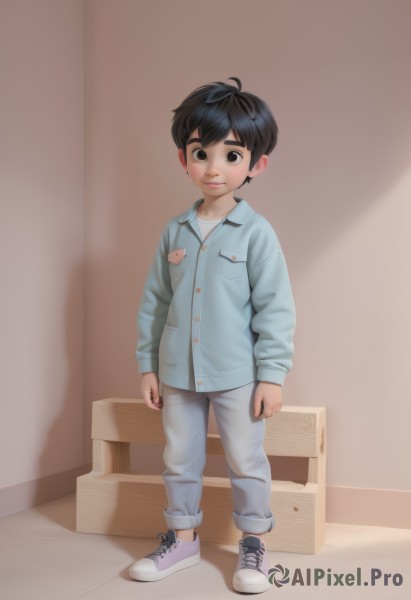 solo,looking at viewer,smile,short hair,shirt,black hair,long sleeves,1boy,standing,full body,male focus,shoes,pants,indoors,black eyes,shadow,thick eyebrows,blue shirt,denim,sneakers,box,child,pocket,white pants,male child,cardboard box,closed mouth,jeans