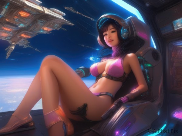 1girl,solo,long hair,breasts,looking at viewer,bangs,large breasts,black hair,gloves,navel,cleavage,brown eyes,jewelry,medium breasts,sitting,underwear,swimsuit,bikini,parted lips,necklace,lips,headphones,helmet,headset,science fiction,realistic,pink bikini,space,planet,reclining,earth (planet),spacecraft,cockpit,holographic interface,short hair,brown hair,bare shoulders,boots,midriff,medium hair,stomach,bare legs,window,star (sky),leaning back,spacesuit