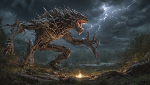 open mouth,outdoors,sky,teeth,cloud,tree,no humans,night,glowing,cloudy sky,grass,fire,sharp teeth,nature,scenery,claws,forest,monster,rock,electricity,giant,lightning,kaijuu,solo,rain