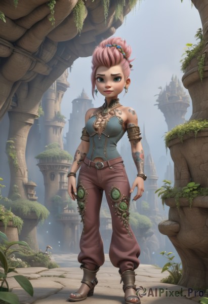 1girl,solo,breasts,looking at viewer,short hair,blue eyes,cleavage,bare shoulders,jewelry,medium breasts,green eyes,standing,full body,pink hair,earrings,outdoors,day,belt,pants,hair bun,nail polish,high heels,bracelet,tree,lips,tattoo,makeup,toes,sandals,single hair bun,ring,plant,lipstick,armlet,toenails,brown pants,topknot,castle,toeless footwear,baggy pants,smile,shirt,hair ornament,sky,sleeveless,solo focus,artist name,necklace,vest,fingernails,bird,leaf,watermark,grass,building,gem,web address,toenail polish,red lips,arm tattoo,shoulder tattoo,statue