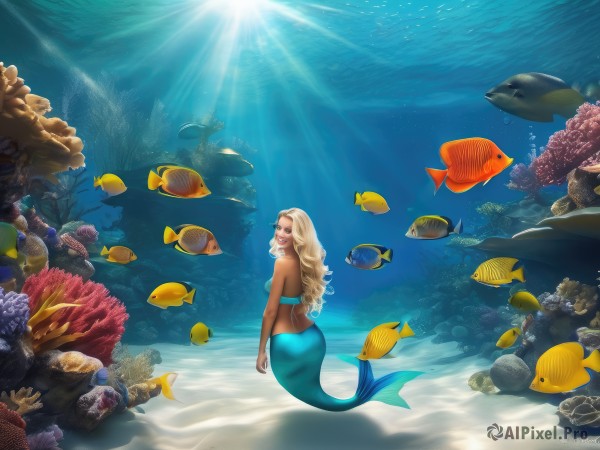 1girl,solo,long hair,breasts,looking at viewer,smile,blue eyes,blonde hair,bare shoulders,jewelry,swimsuit,bikini,looking back,artist name,dark skin,water,from behind,dark-skinned female,lips,strapless,makeup,ocean,watermark,wavy hair,sunlight,monster girl,fish,bubble,light rays,rock,underwater,bandeau,air bubble,mermaid,sunbeam,shell,starfish,coral,bikini top only