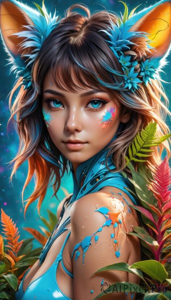 1girl,solo,long hair,breasts,looking at viewer,bangs,blue eyes,brown hair,black hair,hair ornament,animal ears,cleavage,bare shoulders,medium breasts,closed mouth,swimsuit,upper body,flower,bikini,multicolored hair,sleeveless,shiny,artist name,cat ears,signature,hair flower,dark skin,from side,aqua eyes,dark-skinned female,lips,fox ears,eyelashes,sideboob,tattoo,gradient hair,makeup,leaf,watermark,facial mark,plant,web address,eyeshadow,freckles,blue flower,pink lips,realistic,nose,eyeliner,facepaint,bodypaint,mascara,paint splatter,short hair,large breasts,animal ear fluff,looking to the side,light particles