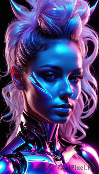 1girl,solo,long hair,looking at viewer,blue eyes,simple background,blue hair,parted lips,teeth,lips,makeup,glowing,colored skin,facial mark,black background,portrait,eyeshadow,science fiction,realistic,nose,cyborg,cyberpunk,white hair,shiny,signature,official alternate costume,bodysuit,lipstick,blue lips