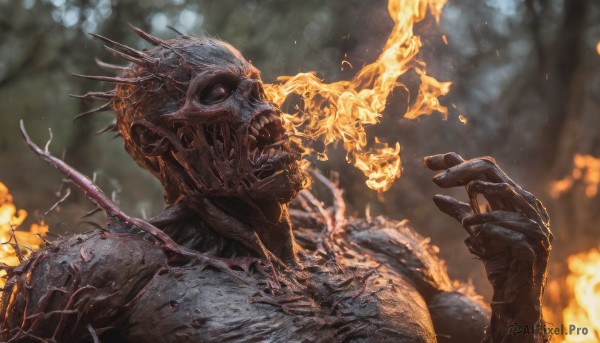 solo,open mouth,1boy,upper body,male focus,outdoors,teeth,hand up,blurry,tree,no humans,blurry background,glowing,fire,sharp teeth,monster,white eyes,alien,burning,gloves,from side,depth of field,1other,skull,fantasy