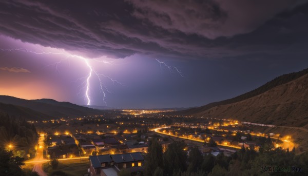 outdoors,sky,cloud,tree,no humans,night,cloudy sky,building,nature,scenery,forest,sunset,mountain,city,electricity,road,cityscape,house,river,lightning,landscape,city lights,1girl,solo,water,ocean,grass,night sky,horizon,fireworks,hill