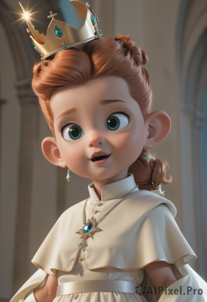 1girl,solo,long hair,looking at viewer,smile,open mouth,blue eyes,brown hair,dress,jewelry,upper body,braid,earrings,teeth,indoors,necklace,cape,white dress,blurry,aqua eyes,capelet,blurry background,upper teeth only,aged down,crown,child,forehead,glint,female child,princess,green eyes,hair bun,orange hair,lips,cross,brooch,gem