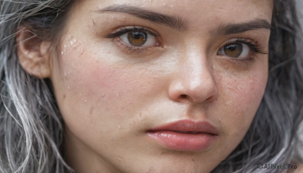 1girl,solo,looking at viewer,black hair,brown eyes,grey hair,parted lips,mole,lips,eyelashes,portrait,close-up,freckles,realistic,nose,eye focus,sweat