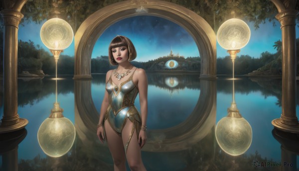 1girl,solo,breasts,looking at viewer,short hair,bangs,brown hair,black hair,bare shoulders,brown eyes,jewelry,closed mouth,standing,collarbone,cowboy shot,small breasts,outdoors,sky,dark skin,blunt bangs,water,necklace,black eyes,bracelet,leotard,dark-skinned female,tree,lips,strapless,makeup,night,bob cut,lipstick,star (sky),night sky,starry sky,strapless leotard,reflection,arms at sides,red lips,blue leotard,lake,arch,reflective water,blue eyes,cleavage,medium breasts,parted lips,nature,scenery,fantasy,lamppost