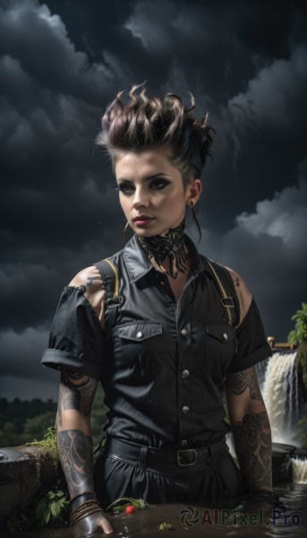 1girl,solo,breasts,looking at viewer,short hair,brown hair,shirt,black hair,gloves,jewelry,closed mouth,upper body,short sleeves,multicolored hair,earrings,outdoors,food,sky,choker,black gloves,collared shirt,belt,cloud,fingerless gloves,water,black eyes,bracelet,lips,black shirt,tattoo,makeup,buttons,fruit,piercing,cloudy sky,lipstick,black nails,pocket,realistic,nose,breast pocket,arm tattoo,mascara,gothic,black lips,brown eyes,night,mohawk